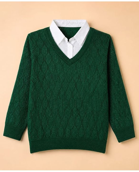 Pine Kids Knit Pullover with Full Sleeves & Cable Knit Design - Green