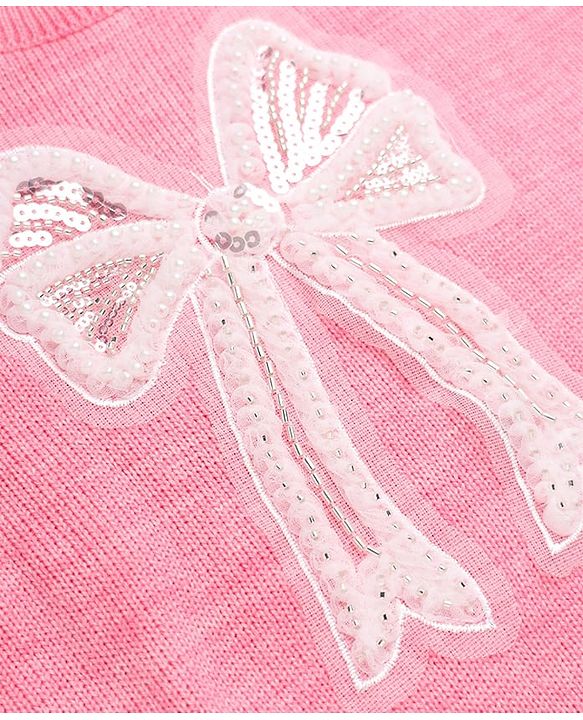 Pine Kids Knit Pullovers Sweater with Full Sleeves and Bow Applique in Pink