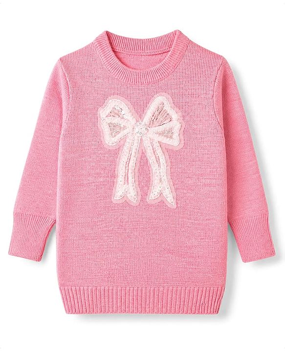 Pine Kids Knit Pullovers Sweater with Full Sleeves and Bow Applique in Pink