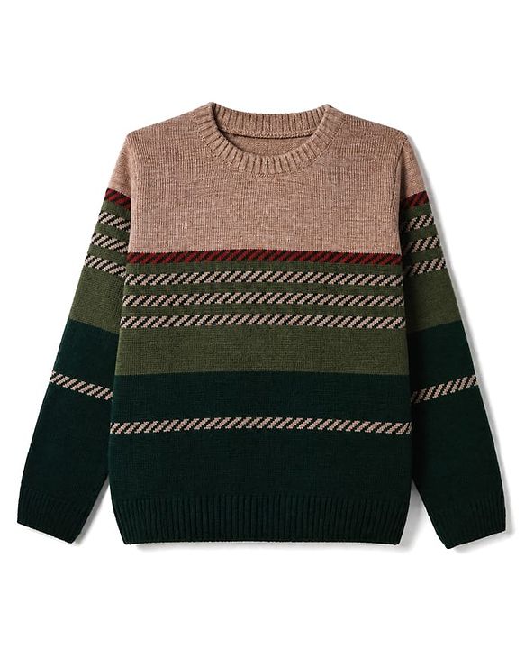 Pine Kids Knit Pullover with Full Sleeves and Striped Print in Green
