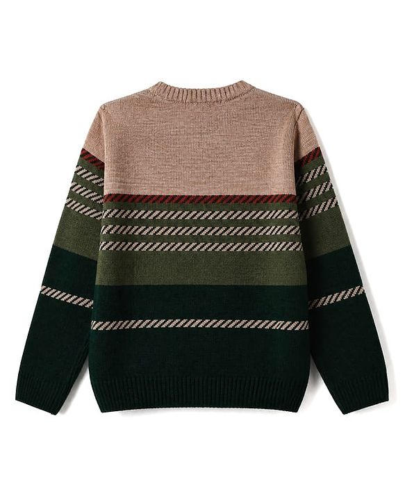 Pine Kids Knit Pullover with Full Sleeves and Striped Print in Green