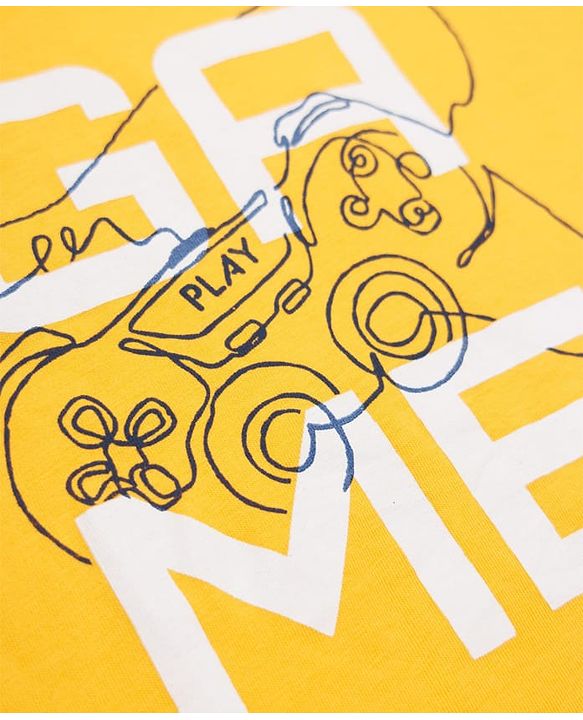 Pine Kids 100% Cotton Knit T-Shirt with Half Sleeves and Game Controller Print in Yellow for 4-5 Years
