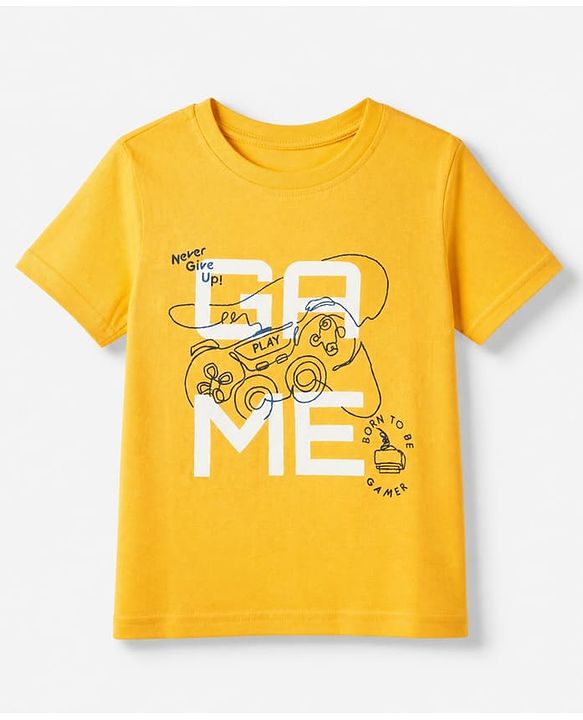 Pine Kids 100% Cotton Knit T-Shirt with Half Sleeves and Game Controller Print in Yellow for 4-5 Years