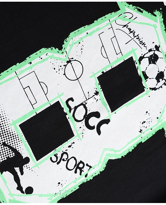 Pine Kids Cotton Knit Half Sleeves T-Shirt with Soccer Team Graphic - Black