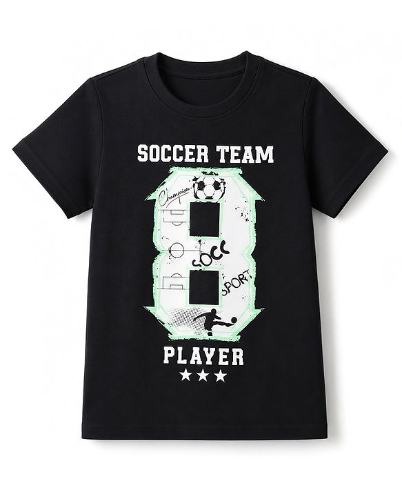 Pine Kids Cotton Knit Half Sleeves T-Shirt with Soccer Team Graphic - Black
