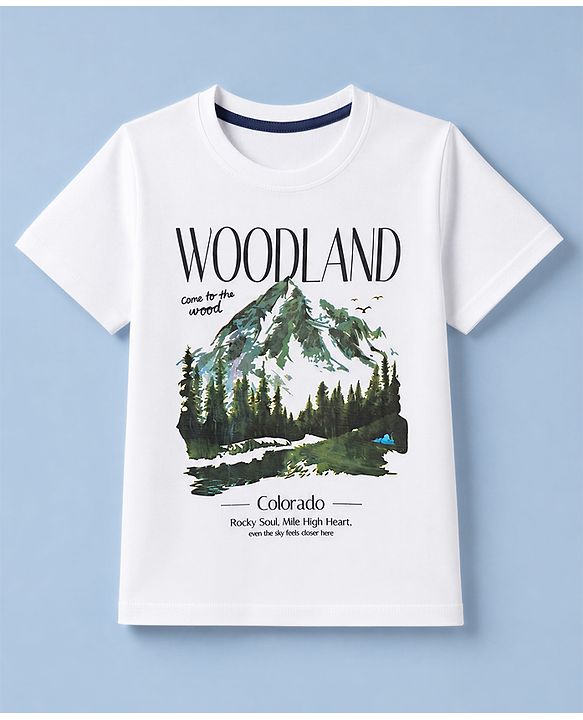 Pine Kids Cotton Knit Half Sleeves T-Shirt with Mountain Landscape Print - White