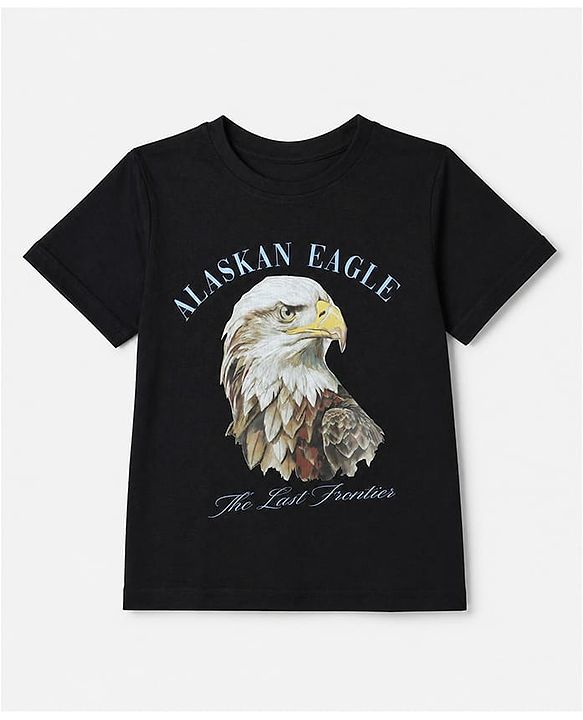 Pine Kids Cotton Knit T-Shirt with Half Sleeves and Alaskan Eagle Text & Eagle Print - Black