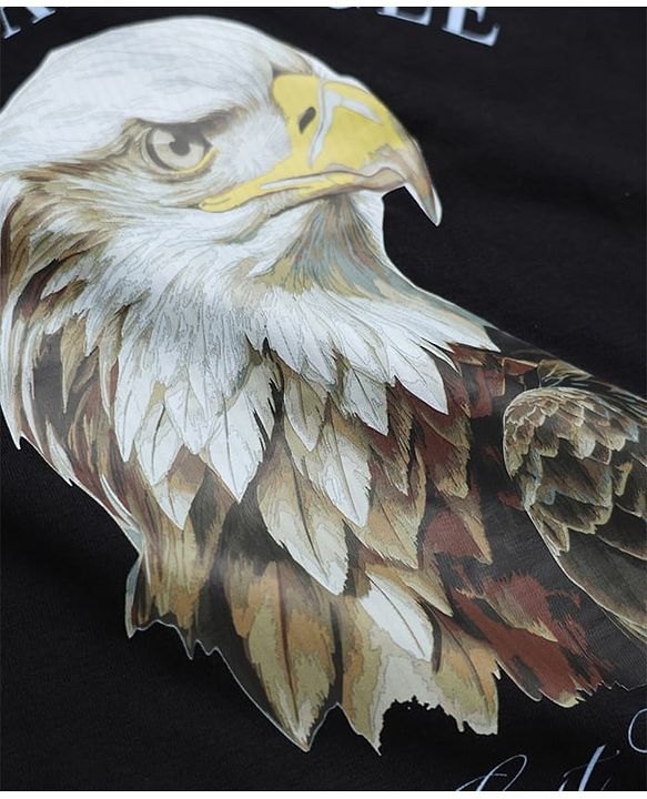 Pine Kids Cotton Knit T-Shirt with Half Sleeves and Alaskan Eagle Text & Eagle Print - Black