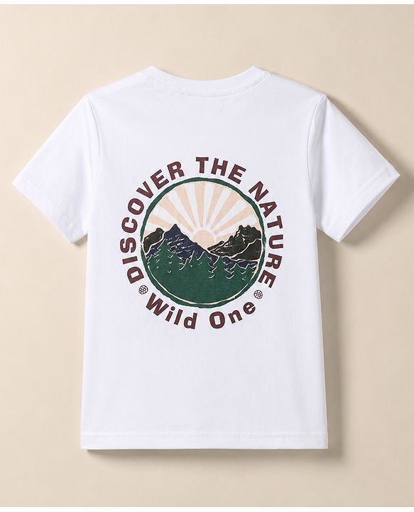 Pine Kids 100% Cotton Knit Oversized T-Shirt with Half Sleeves and Nature Print - White