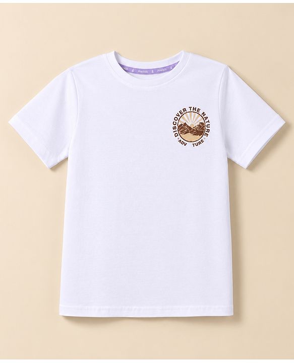 Pine Kids 100% Cotton Knit Oversized T-Shirt with Half Sleeves and Nature Print - White