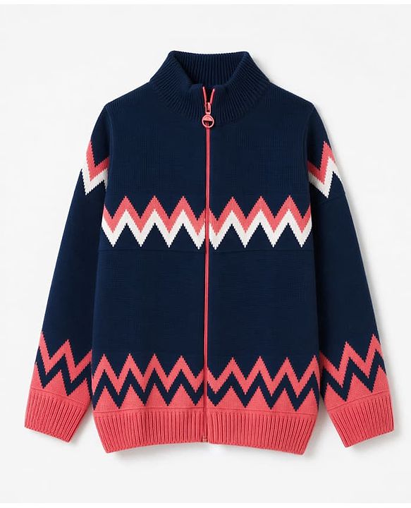 Pine Kids Knit Full Sleeves Front Open Sweater with Abstract Design - Navy Blue