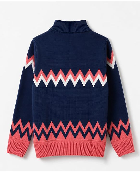 Pine Kids Knit Full Sleeves Front Open Sweater with Abstract Design - Navy Blue