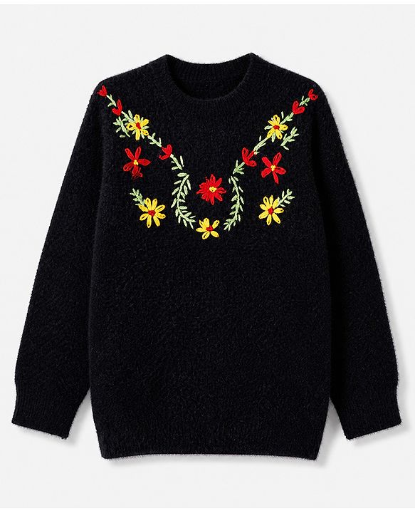 Pine Kids Pullover with Full Sleeves and Floral Embroidery in Black