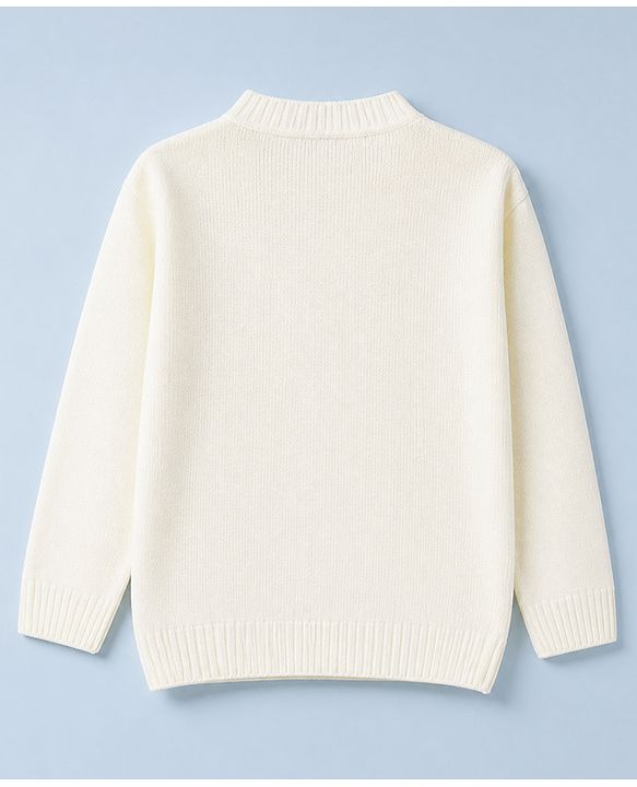 Pine Kids Cable Knit Pullover with Full Sleeves and Floral Embroidery in Offwhite