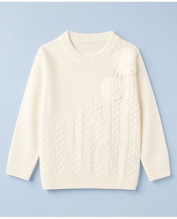 Pine Kids Cable Knit Pullover with Full Sleeves and Floral Embroidery in Offwhite