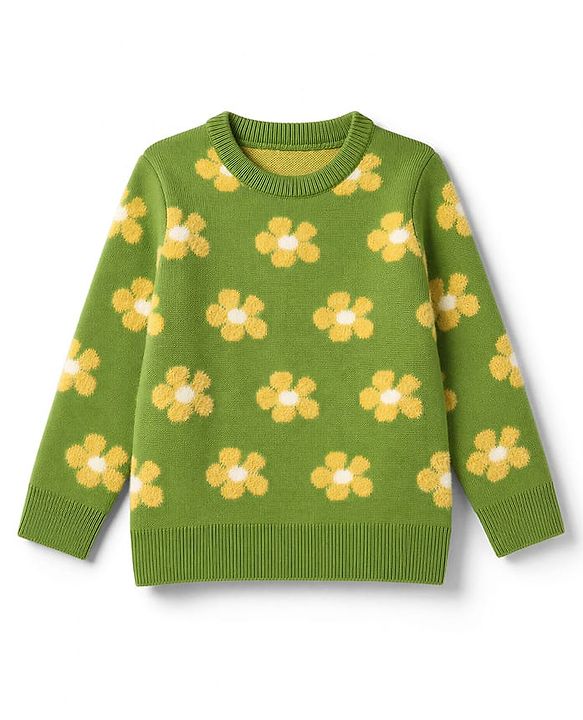 Pine Kids Knit Full Sleeves Pullover with Flower Design - Green