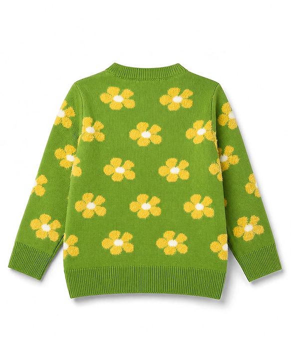 Pine Kids Knit Full Sleeves Pullover with Flower Design - Green