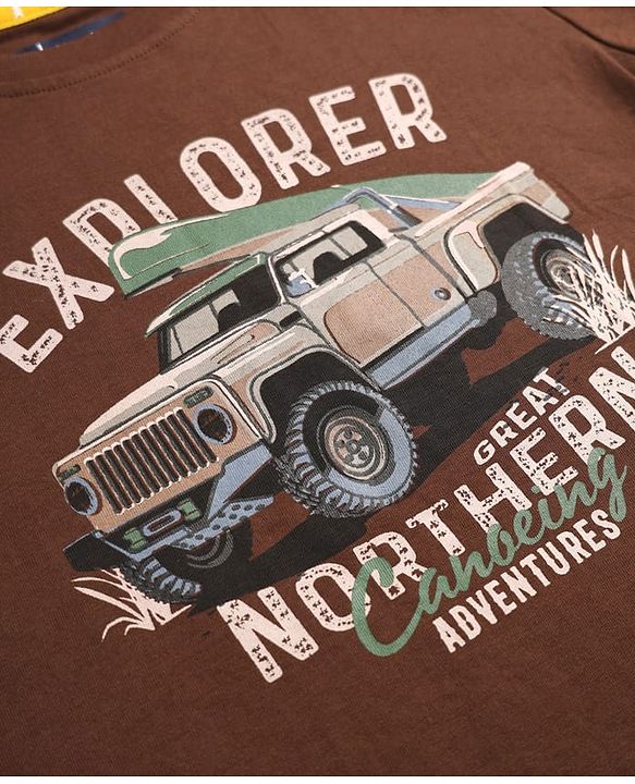 Pine Kids 100% Cotton Knit Half Sleeves T-Shirt with Truck Print - Brown
