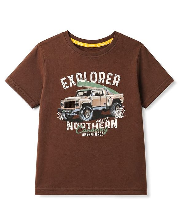 Pine Kids 100% Cotton Knit Half Sleeves T-Shirt with Truck Print - Brown