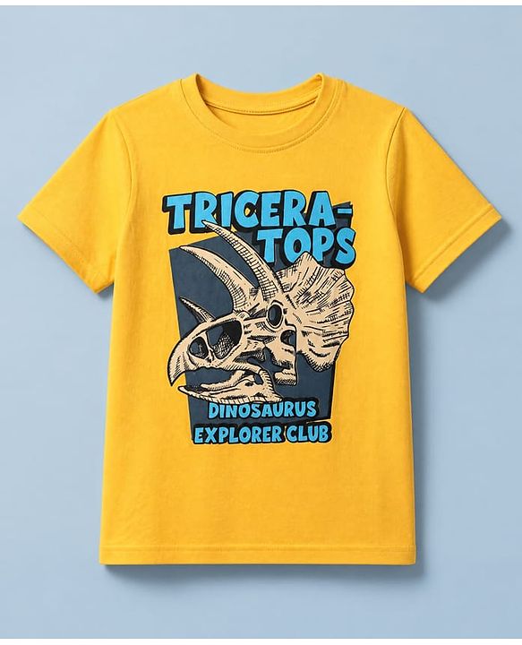 Pine Kids 100% Cotton Knit T-Shirts with Half Sleeves and Triceratops Print - Yellow