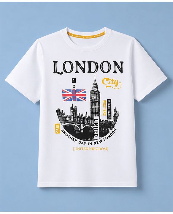 Pine Kids Cotton Knit Half Sleeves T-Shirt with London City Print - White