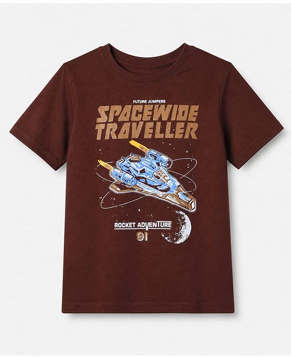 Pine Kids 100% Cotton Knit T-Shirt with Half Sleeves and Spaceship Print - Brown