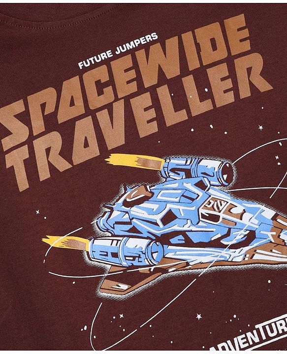 Pine Kids 100% Cotton Knit T-Shirt with Half Sleeves and Spaceship Print - Brown