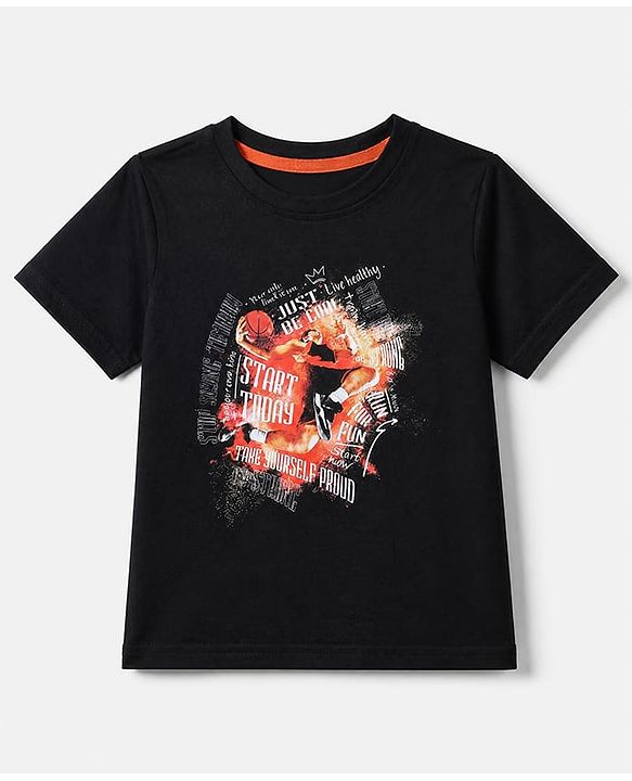 Pine Kids Cotton Knit T-Shirt with Half Sleeves and Basketball Player Print - Black