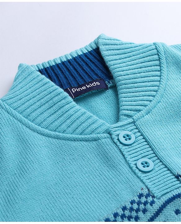 Pine Kids Knit Full Sleeves Pullover with Geometric Design - Blue