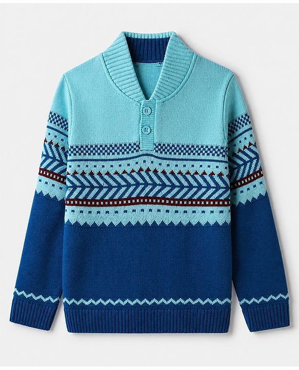 Pine Kids Knit Full Sleeves Pullover with Geometric Design - Blue