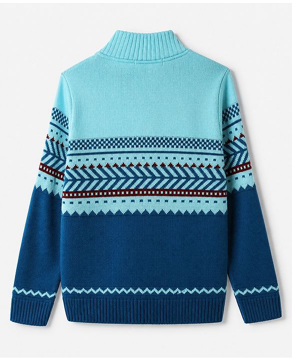 Pine Kids Knit Full Sleeves Pullover with Geometric Design - Blue