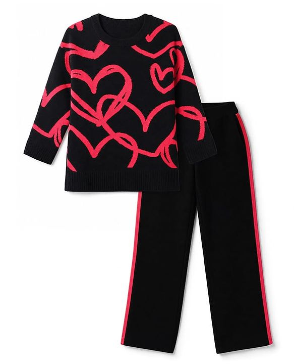Pine Kids Knit Full Sleeves Sweater Set with Heart Design - Black