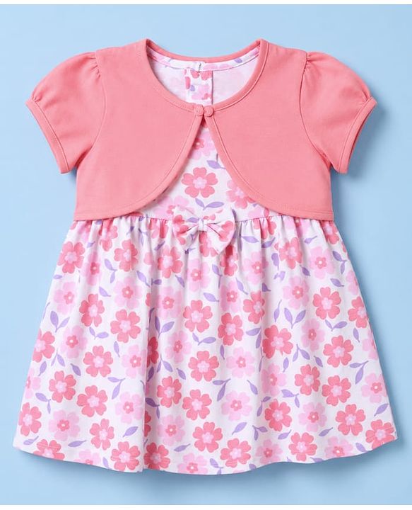 Babyhug Cotton Single Jersey Knit Half Sleeves Floral Printed Frock with Shrug - Pink