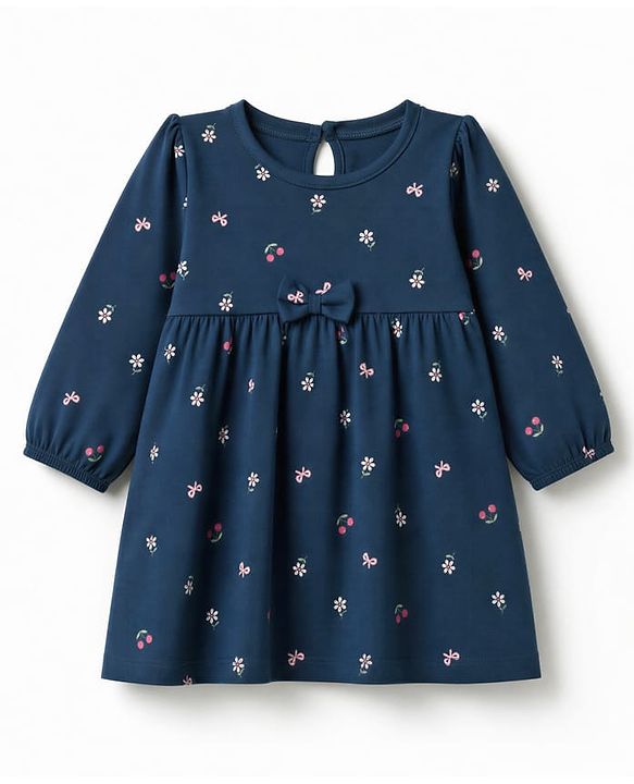 Babyhug Single Jersey Knit Frock and Bloomer with Full Sleeves and Floral Print - Navy Blue