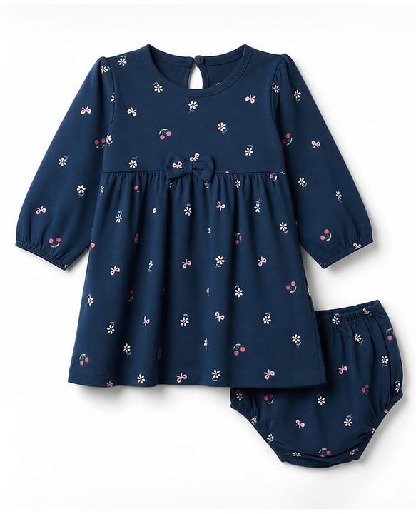 Babyhug Single Jersey Knit Frock and Bloomer with Full Sleeves and Floral Print - Navy Blue