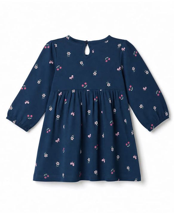Babyhug Single Jersey Knit Frock and Bloomer with Full Sleeves and Floral Print - Navy Blue
