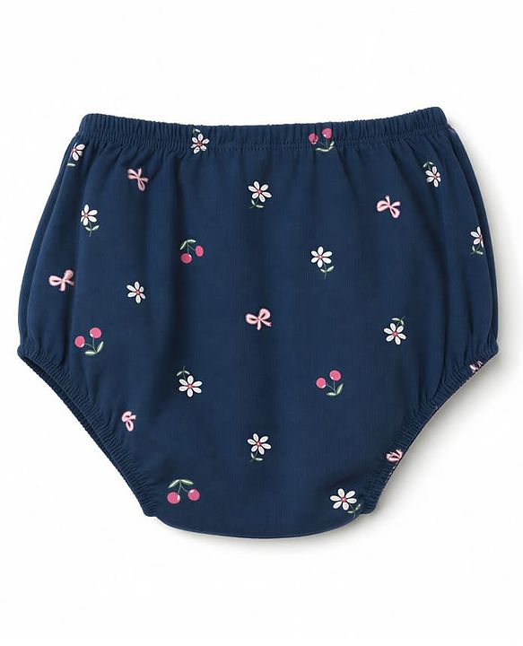 Babyhug Single Jersey Knit Frock and Bloomer with Full Sleeves and Floral Print - Navy Blue