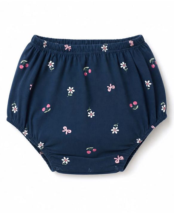 Babyhug Single Jersey Knit Frock and Bloomer with Full Sleeves and Floral Print - Navy Blue