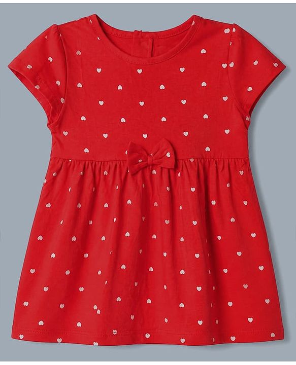 Babyhug Single Jersey Knit Frock with Half Sleeves and Striped Print in Red & White