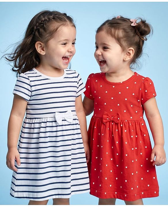 Babyhug Single Jersey Knit Frock with Half Sleeves and Striped Print in Red & White