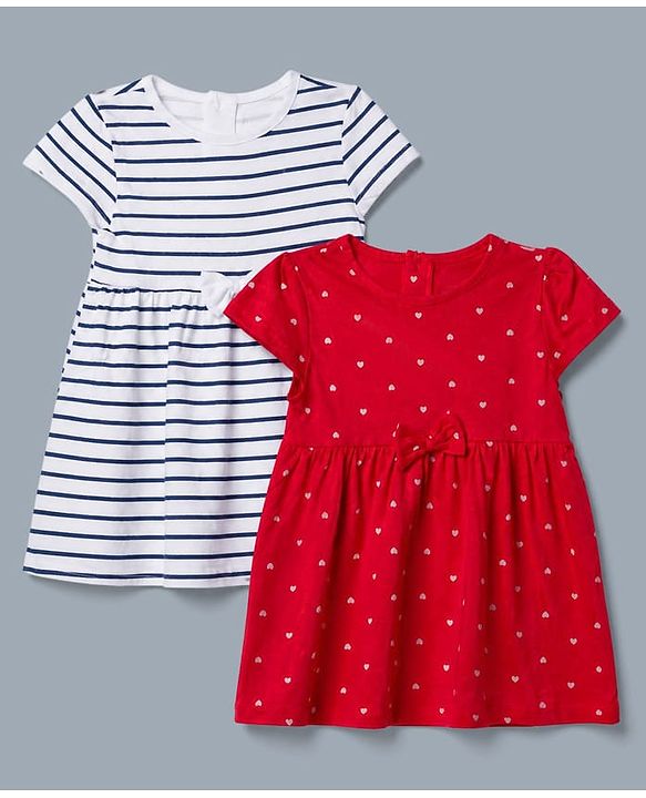 Babyhug Single Jersey Knit Frock with Half Sleeves and Striped Print in Red & White