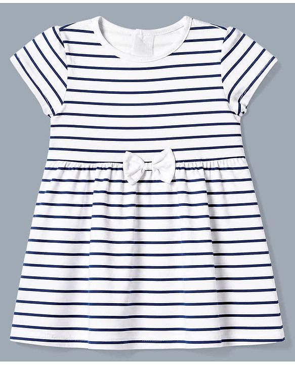 Babyhug Single Jersey Knit Frock with Half Sleeves and Striped Print in Red & White