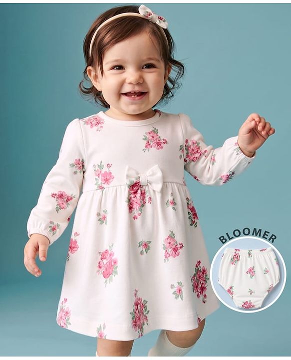 Babyhug Single Jersey Knit Full Sleeves Frock and Bloomer with Bow Applique & Floral Print - White