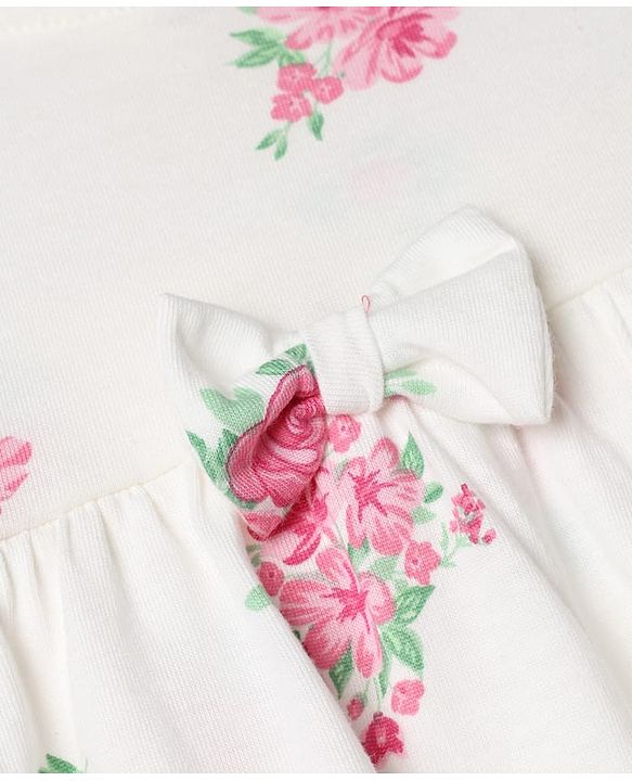 Babyhug Single Jersey Knit Full Sleeves Frock and Bloomer with Bow Applique & Floral Print - White