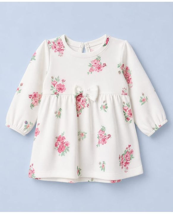 Babyhug Single Jersey Knit Full Sleeves Frock and Bloomer with Bow Applique & Floral Print - White