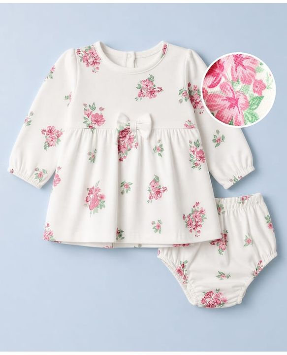 Babyhug Single Jersey Knit Full Sleeves Frock and Bloomer with Bow Applique & Floral Print - White