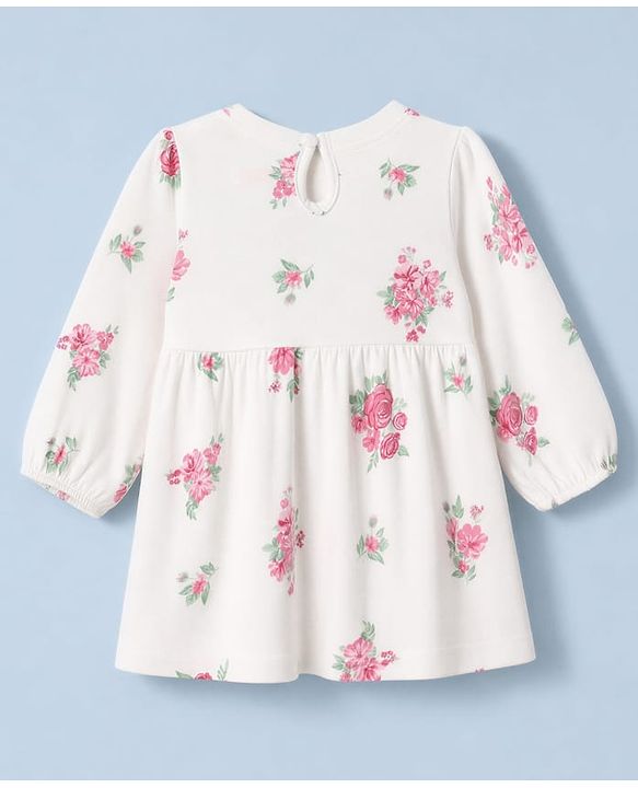 Babyhug Single Jersey Knit Full Sleeves Frock and Bloomer with Bow Applique & Floral Print - White