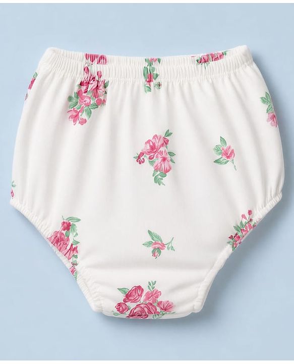 Babyhug Single Jersey Knit Full Sleeves Frock and Bloomer with Bow Applique & Floral Print - White