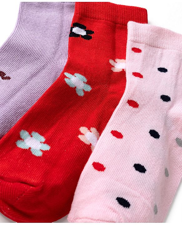 Cute Walk by Babyhug Knit Anti Bacterial Ankle Length Socks With Bunny Floral & Polka Dots Design Pack of 3 - Red Pink & Purple