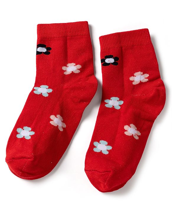 Cute Walk by Babyhug Knit Anti Bacterial Ankle Length Socks With Bunny Floral & Polka Dots Design Pack of 3 - Red Pink & Purple